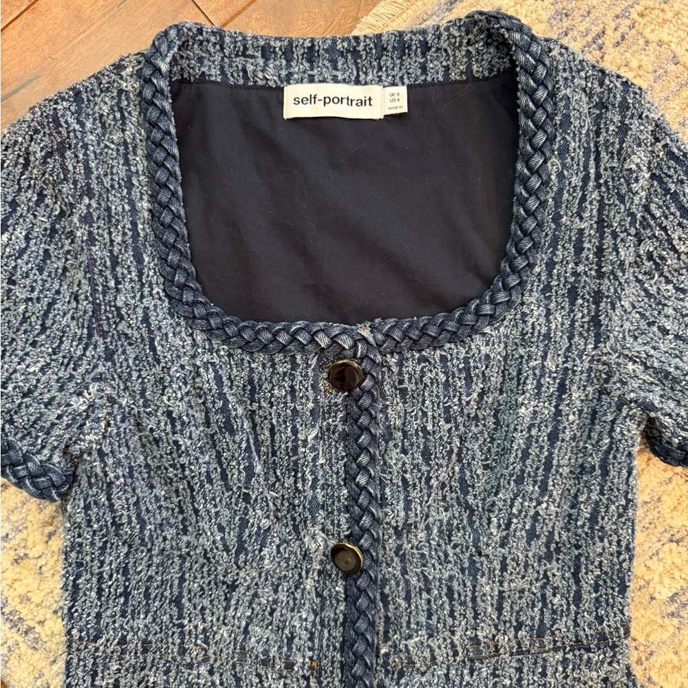 Self-Portrait Blue Tweed Denim Dress Size 4 – Chic Structured Mini - Picture 2 of 3
